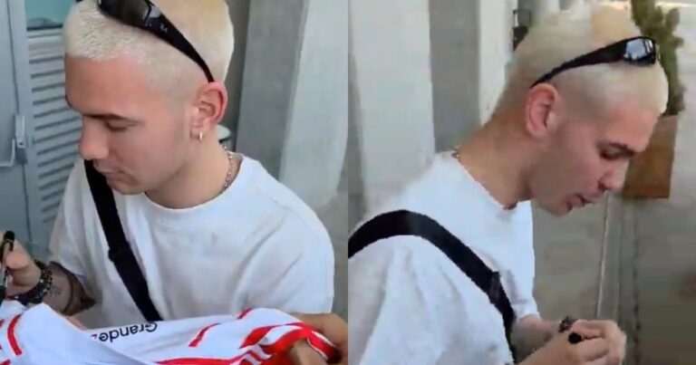 Franco Mastantuono llegó a España y firmó camisetas de River