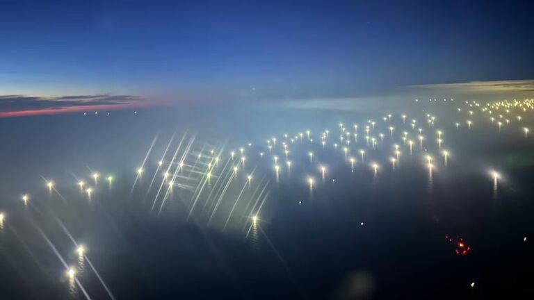 Fotografía satelital nocturna que muestra puntos luminosos de buques pesqueros en el Atlántico Sur, cerca del Mar Argentino.