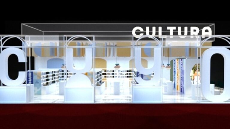Representación visual del stand regional de Cuyo en la Feria Internacional del Libro 2026, con la palabra CUYO integrada en su diseño arquitectónico.