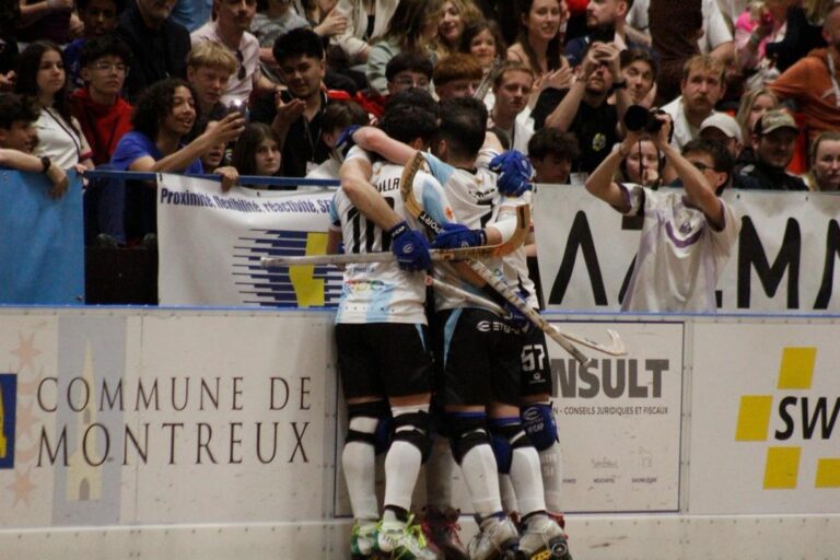 Celebración de la Selección Argentina de hockey sobre patines tras el triunfo sobre Portugal en semifinales.
