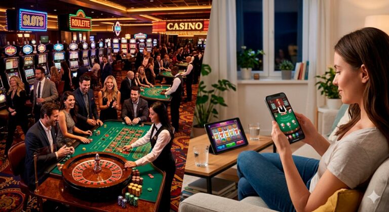 Comparativa gráfica entre un casino físico tradicional y una plataforma de casino online en dispositivos digitales
