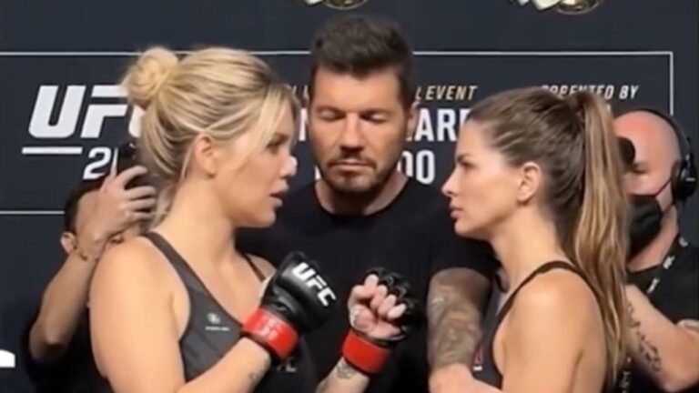 Fotograma del video generado por IA que muestra a Wanda Nara y Eugenia Suárez en un ring de artes marciales mixtas.